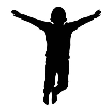 Genç bir çocuğun siyah silueti, beyaz bir arka plana doğru atlayış yaparken yakalandı. Kolları yanlara doğru açılır ve bacakları hareket eder gibi bükülür. Şekil dinamik bir pozla tasvir edilir, enerji ve neşe iletir.