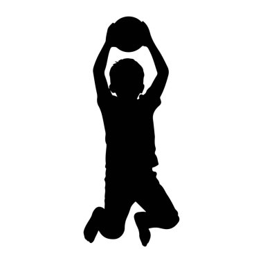 Genç bir çocuğun siyah silueti havada yakalanır, kafasının üstünde tutulan bir topla zıplar. Kolları yukarı doğru uzanıyor, yuvarlak nesneyi kavrıyor. Bacakları bükülmüş. Zıplamanın doruk noktasını gösteriyor. Şekil, düz beyaz bir b karşısında izole edilmiştir.