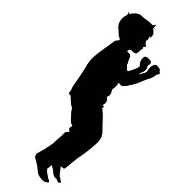 Siyah bir siluet havada genç bir çocuk, bacakları açık ve yumrukları sıkılmış. Şekil dinamik bir pozla tasvir edilmiş, düz beyaz bir arkaplanda hareket ve heyecan izlenimi uyandırıyor..