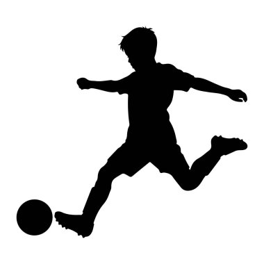 Futbol topunu tekmeleyen hareket halindeki siyah bir çocuğun silüeti. Çocuk sağ ayağıyla topa vururken vücudu açılı bir şort ve tişört giyiyor. Kolları denge için açık, ve saçı silhou 'da görünür.