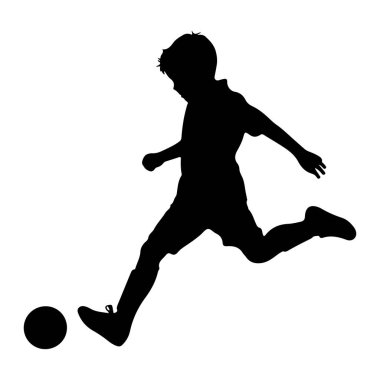 Futbol topunu tekmeleyen hareket halindeki siyah bir çocuğun silüeti. Oğlan, bir bacağı topa doğru uzanmış ve diğer bacağı bükülmüş bir şekilde orta adım olarak tasvir ediliyor. Kolları denge için açık. Görüntü, beyaz üzerinde temiz ve izole bir grafik.