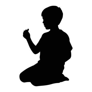 Diz çökmüş genç bir çocuğun siyah silueti. Başını eğerek yukarı bakıyor ve sağ elini bir jest olarak kaldırıyor. Siluet, düz beyaz bir arkaplanda izole edilmiş..