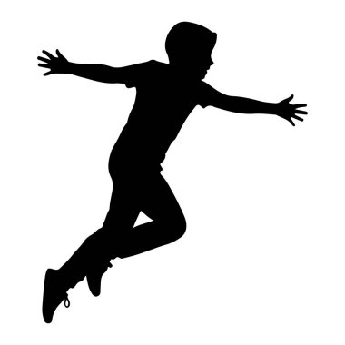 Genç bir çocuğun siyah silueti, beyaz bir arka plana doğru orta sıçrayışta yakalanır. Kolları yanlara doğru açılır, avuçları açılır ve vücudu sanki büyük bir enerji ve özgürlükle koşuyor ya da zıplıyormuş gibi öne doğru açılır. Tişört giyiyor ve...