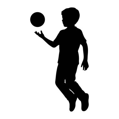 Beyaz arka planda siyah bir çocuk silueti tasvir edilir. Çocuk havada, bir bacağı bükülmüş, diğeri de uzamış. Sağ kolu açık ve koyu dairesel bir nesneyle etkileşime girmiş gibi görünüyor. 