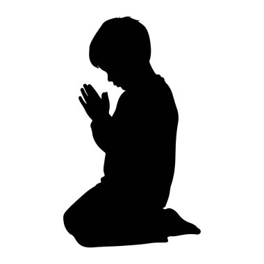 Diz çöküp dua eden siyah bir çocuk silueti. Çocuğun başı eğik ve profili beyaz bir arka planda görünüyor. İmaj, bir çocuğun basit ve izole edilmiş bir tasviri..