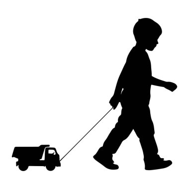 Siyah bir siluet. Genç bir çocuğun oyuncak bir kamyonu iple çekip yürümesi. Çocuk profilden görülüyor, yürürken aşağıya bakıyor. Oyuncak kamyonun da profili var, tekerlekleri de görünür durumda. Arkaplan düz beyaz.