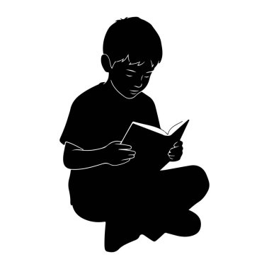 Bacak bacak üstüne atıp kitap okuyan siyah bir çocuk silueti. Oğlan bir tişört giyiyor ve elinde tuttuğu açık kitaba konsantre olurken başı eğik. Resim basit ve beyaz bir arkaplanda izole edilmiş..