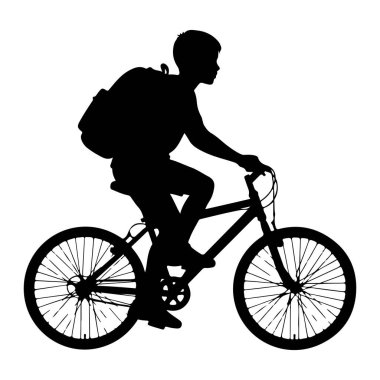 Bisiklet süren siyah bir çocuk silueti. Sırt çantası takıyor ve profilde görünüyor, ileriye bakıyor. Bisikletin tekerlekleri ve görünür bir çerçevesi var. Arka plan bembeyaz..