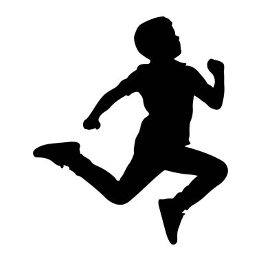 Havada koşan ve zıplayan dinamik bir duruşta yakalanmış siyah bir çocuk silueti. Oğlan bir tişört ve pantolon giyiyor, kolları ve bacakları sanki hareket halindeymiş gibi açık. Siluet, temiz beyaz bir arkaplanda, boşalt.