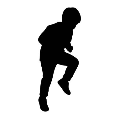Hareket halindeki bir çocuğun siyah silueti, sanki koşuyor ya da zıplıyormuş gibi orta adımda yakalandı. Şekil, dinamik duruşunu ve enerjik hareket duygusunu vurgulayarak, saf beyaz bir zemin üzerinde izole edilmiştir. Siluet açıkça B 'yi tanımlıyor.