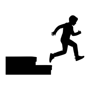 Hareket halindeki bir çocuğun siyah silueti beyaz bir arkaplana karşı tasvir edilir. Hızını ve enerjisini iletmek için kolları ve bacaklarıyla iki basamak yukarı koşuyor. Çocuk günlük kıyafetler ve spor ayakkabıları giyiyor..