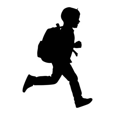 Sırt çantasıyla koşan siyah bir çocuk silueti. Oğlan profilde tasvir ediliyor, bacakları hareket halinde ve kolları bükülmüş. Sırt çantası sırtında görünüyor. Resim beyaz bir arkaplanda izole edilmiştir.
