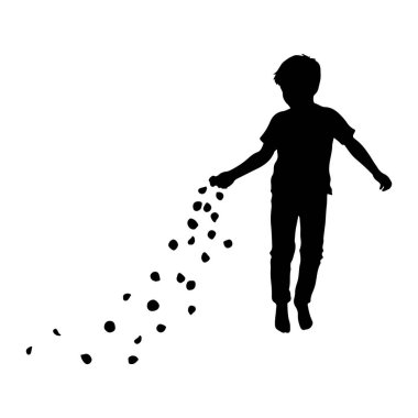 Genç bir çocuğun siyah silueti beyaz bir arka plana karşı tasvir edilir. Çocuk hareket halinde, sağ kolu açık ve eli açık, sanki etrafa küçük, karanlık, düzensiz nesneler saçıyormuş gibi. Bu nesneler onun arkasında iz bırakarak... 