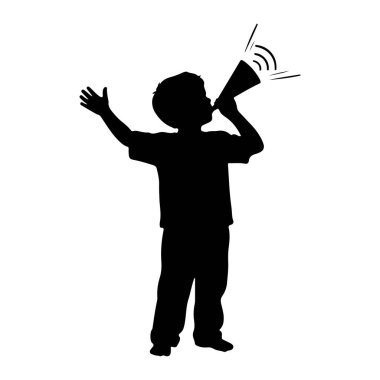 Genç bir çocuğun siyah silueti beyaz bir arka planda duruyor. Ağzına bir megafon tutuyor ve bağırıyor gibi görünüyor. Ses dalgaları megafondan yayılır. Sol kolu yukarı ve dışarı doğru uzanıyor..