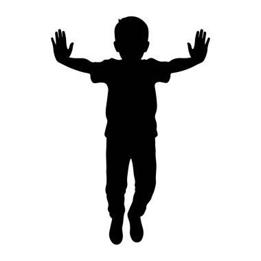 Siyah bir çocuk silueti elleri açık ve kolları açık, avuçları önde duruyor. O bir tişört ve pantolon giyiyor. Arka plan bembeyaz..