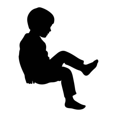 Bacakları bükülmüş ve bir ayağı uzatılmış siyah bir çocuk silueti. Başını eğik bir şekilde aşağıya bakıyor. Siluet beyaz bir arkaplanda izole edilmiş..