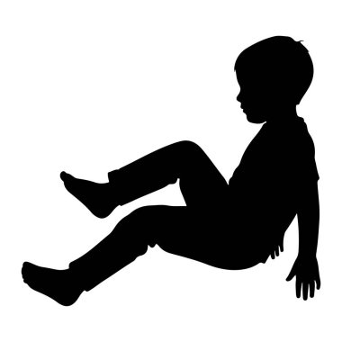 Siyah bir siluet, bacakları önde oturan genç bir çocuk. Başını eğik bir şekilde sağa doğru bakıyor. Sol kolu bükük, eli kalçasının yanında dinleniyor ve sağ kolu aşağı doğru uzanmış, eli de açık. Ka...