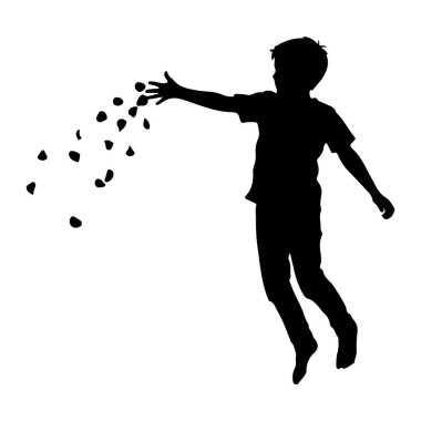 Siyah bir çocuk silueti, kolları açık, kolları açık, koyu yaprak şeklinde nesneler saçıyor. Oğlan dinamik bir pozla tasvir ediliyor. Saf beyaz bir arka plana karşı hareketlilik ve neşe öneriyor..
