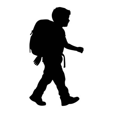 Soldan sağa doğru yürüyen siyah bir çocuk silueti. O bir tişört ve pantolon giyiyor ve omuzunda bir sırt çantası var. Sağ kolu öne doğru uzanıyor ve sol kolu dirsekten bükülüyor. Arkaplan beyaz.