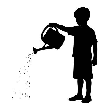 Siyah bir çocuk silueti beyaz bir zemin üzerinde duruyor, bir su kovası tutuyor ve yere küçük tohumlar döküyor. Çocuk bir tişört ve şort giyiyor. Tohumlar küçük, dağınık siyah noktalar olarak tasvir edilir.