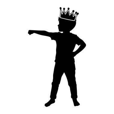 Tacını takmış siyah bir çocuk silueti bir kolu açık, diğer eli kalçasında duruyor. Siluet, beyaz bir arkaplana karşı durarak basit ve grafik bir illüstrasyon yaratıyor. Çocuğun kendine güveni tam görünüyor.