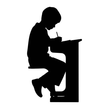 Masada oturan ve bir kağıt parçasına kurşun kalemle yazan siyah bir çocuk silueti. Çocuk yüzükoyun gazeteye doğru bakıyor, görevine odaklanmış görünüyor. Masa ve sandalye de siluetle tasvir edilmiştir. Görüntü izole edilmiş.