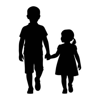 Genç bir erkek ve genç bir kızın siyah bir silueti beyaz bir arka planda el ele yürüyorlar. Oğlan daha uzun boylu ve yol gösteriyor gibi görünüyor, kız onun yanında yürürken, ona bakıyor. İkisi de belden aşağısı için tasvir edilmiş., 