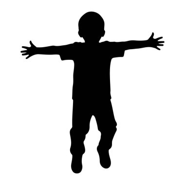 Küçük bir çocuğun siyah silueti kollarını yanlara doğru açmış duruyor. Çocuk bir tişört ve pantolon giyiyor ve ayakları hafifçe ayrık. Siluet beyaz bir arkaplanda izole edilmiş, temiz ve grafik bir görüntü yaratıyor. Pozisyon