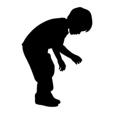 Siyah bir çocuk silueti, muhtemelen bir oğlan, başı öne eğik bir şekilde tasvir edilir. Elleri yere doğru uzanıyor, bu da bir şeye baktığını ya da uzandığını gösteriyor. Şekil, düz beyaz bir arkaplanda izole edilmiştir.,