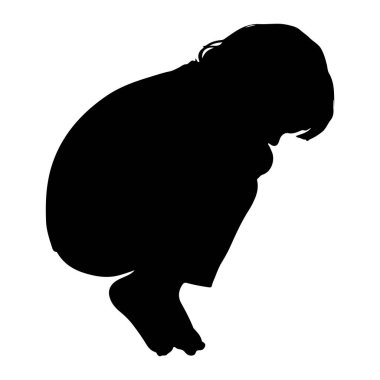 Siyah bir çocuk silueti bembeyaz arka planda çömelmiş bir şekilde tasvir edilir. Şekil yandan görülüyor, başı eğik ve vücudu içe doğru kıvrılmış. Taslak açıkça çocuğun bacaklarının ve ayaklarının şeklini gösteriyor.
