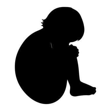 Küçük bir çocuğun siyah silueti, dizleri göğsüne kadar çekilmiş ve başı eğilmiş bir şekilde otururken resmedilir. Bu figür, saf beyaz bir arkaplanda izole edilmiş, yalnızlık ya da içgözlem hissi yaratıyor. Taslak pürüzsüz ve basitleştirilmiş, 