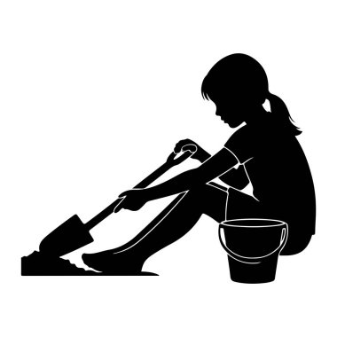 Küçük bir çocuğun siyah bir silueti yerde oturuyor ve bir kürekle kazıyor. Çocuğun yanında bir kova oturuyor. Sahne beyaz bir arkaplanda izole edilmiş..