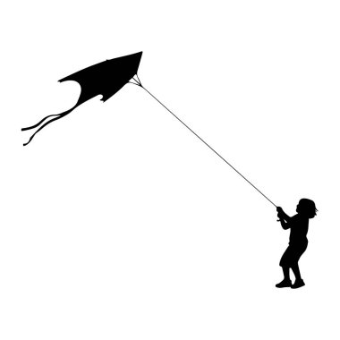 Sağda siyah bir çocuk silueti duruyor, sol üstte uçan bir uçurtmaya bağlı bir ip tutuyor. Uçurtmanın iki flamalı uzun bir kuyruğu var. Arkaplan düz beyaz.