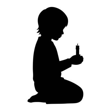 Diz çöküp elinde mum tutan siyah bir çocuk silueti. Çocuğun başı eğik, dikkatlice aleve bakıyor. Arka plan bembeyaz..