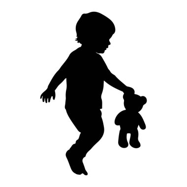 Beyaz arka planda siyah bir çocuk silueti tasvir edilir. Çocuk sağ elinde bir oyuncak ayı tutuyor. - Ne? Çocuk hareket halinde görünüyor, bir bacağı bükülmüş ve diğeri de uzamış, bu da oyuncu bir duruş ya da zıplama izlenimi veriyor. Siluet
