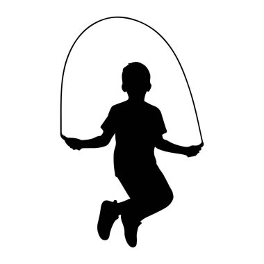 Siyah bir çocuk silueti ip atlarken orta atlamada resmedilir. Çocuk bir tişört ve şort giyiyor, halat saplarını tutmak için kollarını uzatıyor. İp, çocuğun kafasının üstünde bir kıvrım oluşturuyor. Bu da hareketi gösteriyor. Arka plan...