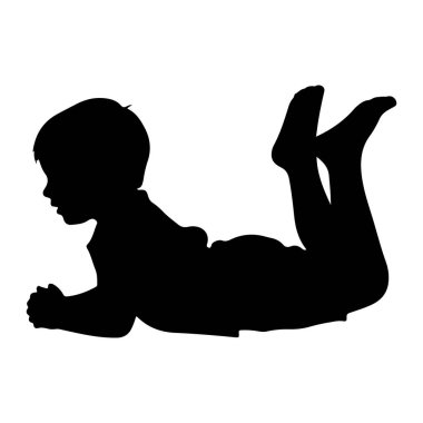 Yan tarafından bakıldığında, karnının üstünde yatan siyah bir çocuk silueti. Çocuğun başı eğik ve kolları önlerinde dinlenen ellerle eğik. Bacakları dizlerinden bükülüp geriye doğru uzanıyor. Siluet