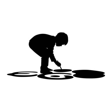 Siyah bir çocuk silueti eğilmiş, elinde bir fırça tutuyor ve beyaz bir yüzeyde soyut, dairesel şekiller çiziyor. Çocuğun duruşu, konsantrasyon ve sanatsal aktiviteyle bağlantıyı gösteriyor. Şekiller koyu siyaha boyanır.