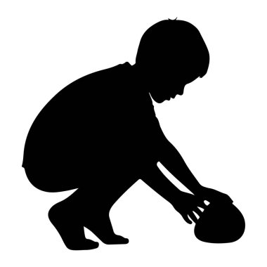 Çömelmiş ve topla oynayan siyah bir çocuk silueti. Çocuğun elleri topa doğru uzanıyor, etkileşim ve odaklanmayı öneriyor. Resim beyaz bir arkaplan üzerinde izole edilir ve Chil 'in basit ve grafik bir temsili oluşturulur