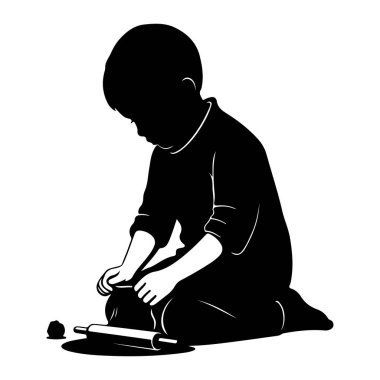 Yerde diz çökmüş, dikkatle kille oynamaya odaklanmış siyah bir çocuk silueti. Çocuk kili şekillendirmek için merdane kullanıyor. Resim, beyaz arkaplanlı basit, grafik bir illüstrasyondur. Çocuğun fo 'sunu vurgular.