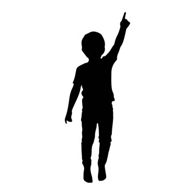 Sağ işaret parmağını yukarı doğru gösteren siyah bir çocuk silueti. Çocuk bir tişört ve pantolon giyiyor. Siluet beyaz bir arkaplanda izole edilmiş..
