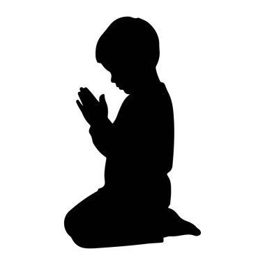 Elleri birbirine bastırılmış dua eden siyah bir çocuk silueti. Çocuğun başı eğik ve figür beyaz bir arka planda izole edilmiş. Duruş, bağlılık ve tefekküre işaret ediyor..