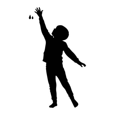 Bir çocuğun siyah silueti, kolları yukarı kaldırılmış, iki damlaya doğru uzanıyor. Çocuk dinamik bir pozla tasvir edilir, hareket ve düşen elementlerle temas izlenimi verir. Arkaplan düz beyaz, figürü izole ediyor.