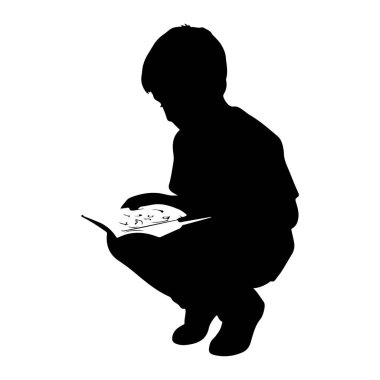 Siyah bir çocuk silueti eğilirken ve dikkatle kitap okurken görülüyor. Çocuğun kafası açık sayfalara doğru eğilmiş, bu da derin bir konsantrasyon olduğunu gösteriyor. Siluet beyaz bir arkaplan karşısında durmaktadır, formu ve eylemi vurgular..