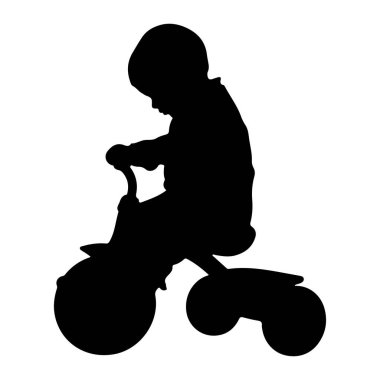 Üç tekerlekli bisiklete binen siyah bir çocuk silueti. Çocuk aşağı bakıyor, gidona doğru bakıyor. Üç tekerlekli bisikletin büyük bir ön tekerleği ve iki küçük arka tekerleği vardır. Arka plan bembeyaz..