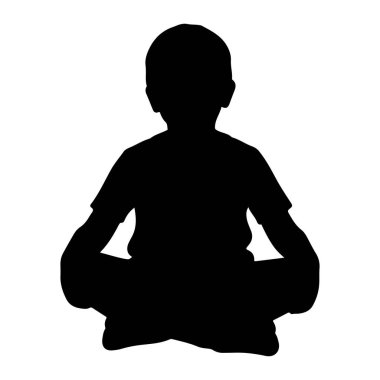 Beyaz arka planda bacak bacak üstüne atmış siyah bir çocuk silueti. Çocuk bir tişört giyiyor ve rahatlamış veya meditasyon pozu veriyor gibi görünüyor. Görüntü, bir insanın basit ve temiz bir grafik gösterimidir..