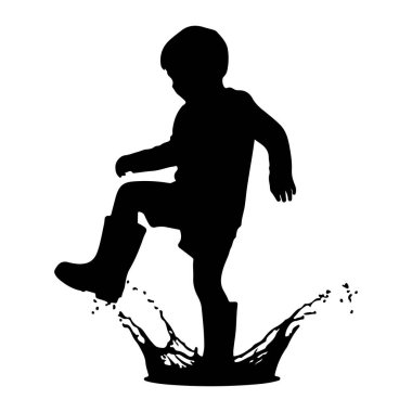 Çizme giyen bir çocuğun siyah silueti, bir su birikintisine atlarken orta sıçrayışta görüntülenir. Su damlacıkları ve spreyler ayaklarının etrafına püskürerek dinamik ve eğlenceli bir sahne yaratırlar. Görüntü beyaz bir arkaplanda izole edilmiştir. 