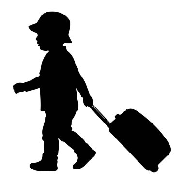 Teleskopik saplı bir bavulu çekerken şapkalı bir çocuğun siyah silueti yürür. Profilde çocuk tasvir ediliyor, bir bacağı önde, diğeri arkada, bu da hareketi gösteriyor. Bavul koyu ve dikdörtgen ve tekerlekleri var. Şey...