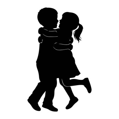 Siyah bir siluet, birbirini kucaklayan iki çocuğu tasvir eder. Soldaki çocuk kollarını kıza dolamış, o da ona doğru eğiliyor. Yüzleri birbirine yakın, bu da duygusal bir yakınlık ve bağ anının göstergesi. Resim s ile oluşturuldu