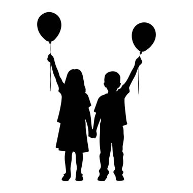 Siyah bir siluet bir oğlan ve bir kız yan yana duruyor ve el ele tutuşuyorlar. Her çocuk yükseltilmiş ellerinde bir balon tutuyor. Arkaplan düz beyaz.